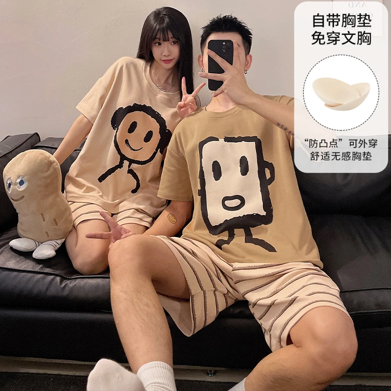 情侣睡衣女带胸垫短袖夏季卡通男士短裤凉感可外穿宽松家居服套装