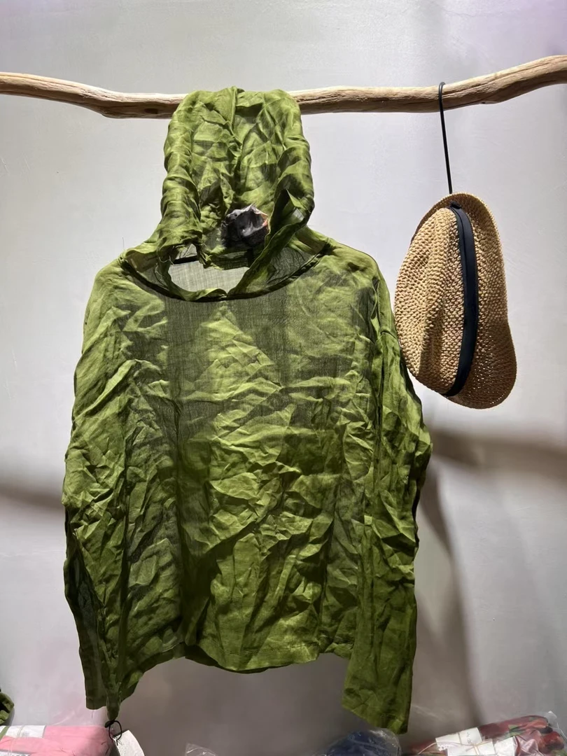 麻苏苏原创  文艺复古个性贴布单层苎麻帽衫