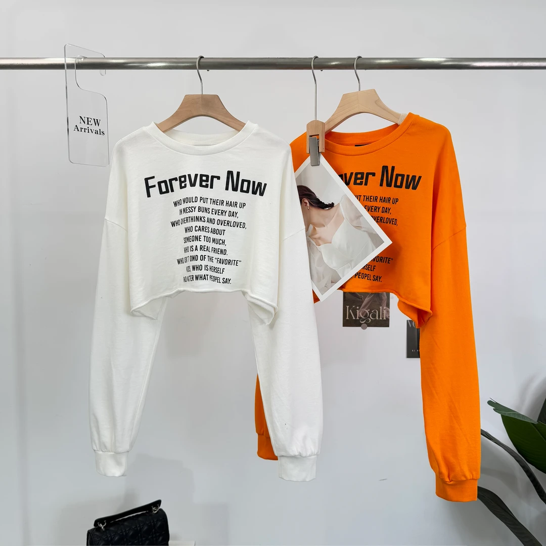 B673新款时尚短款长袖美拉德风女慵懒风卫衣休闲字母印花舒适百搭