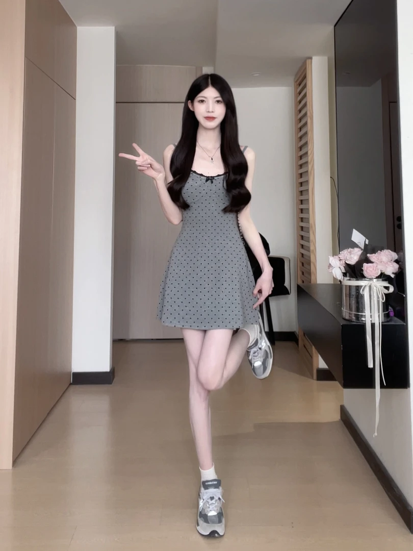 松本丧丧灰色波点裙吊带裙蕾丝气质春季吊带连衣裙B251Q0458