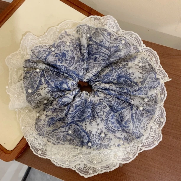 青花瓷法式新款碎花雪纺发圈大号大肠发圈百搭蕾丝优雅气质A045