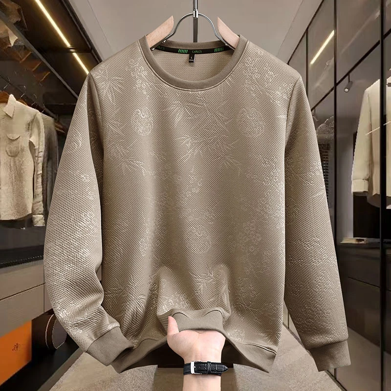 长袖t恤男款圆领男士卫衣春秋新款提花套头纯色百搭休闲时尚韩版