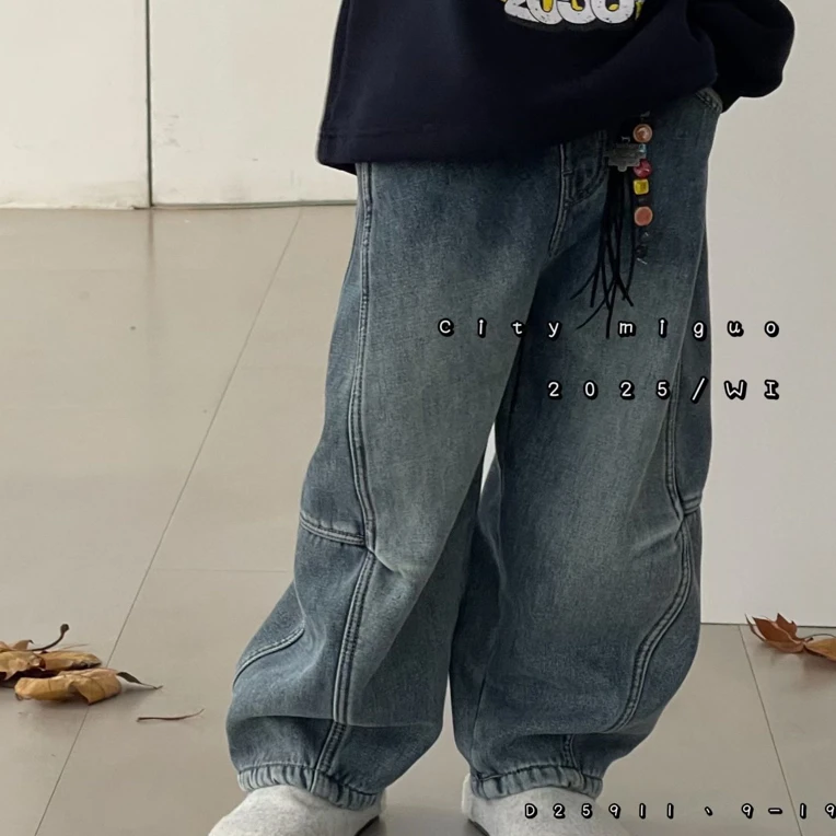 25911蓝色【米果加绒牛仔裤】蒙蒙潮童2025冬款痞帅疯加绒牛仔裤