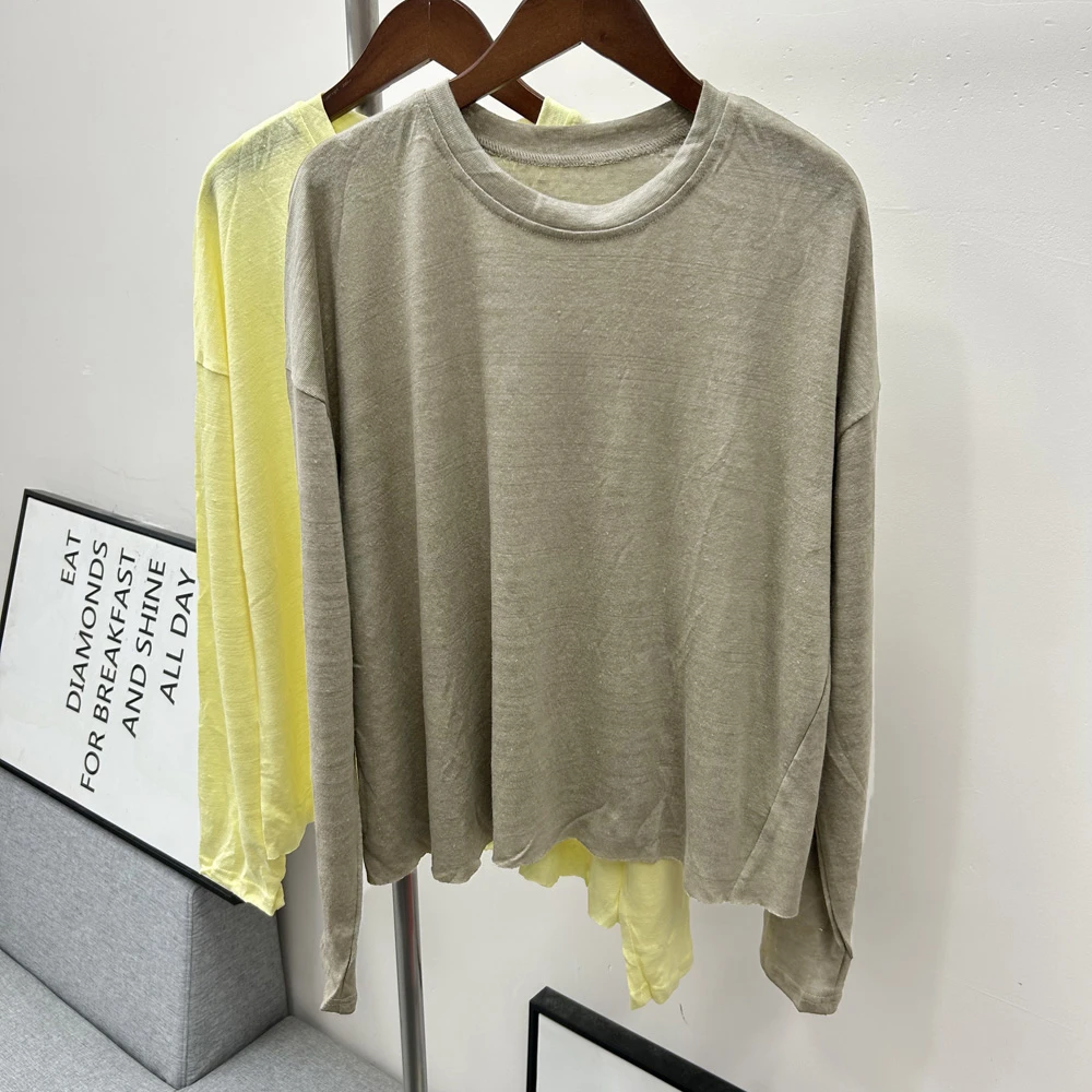 夏季全亚麻【衣长60】宽松透气贴肤圆领T恤女长袖百搭体恤衫