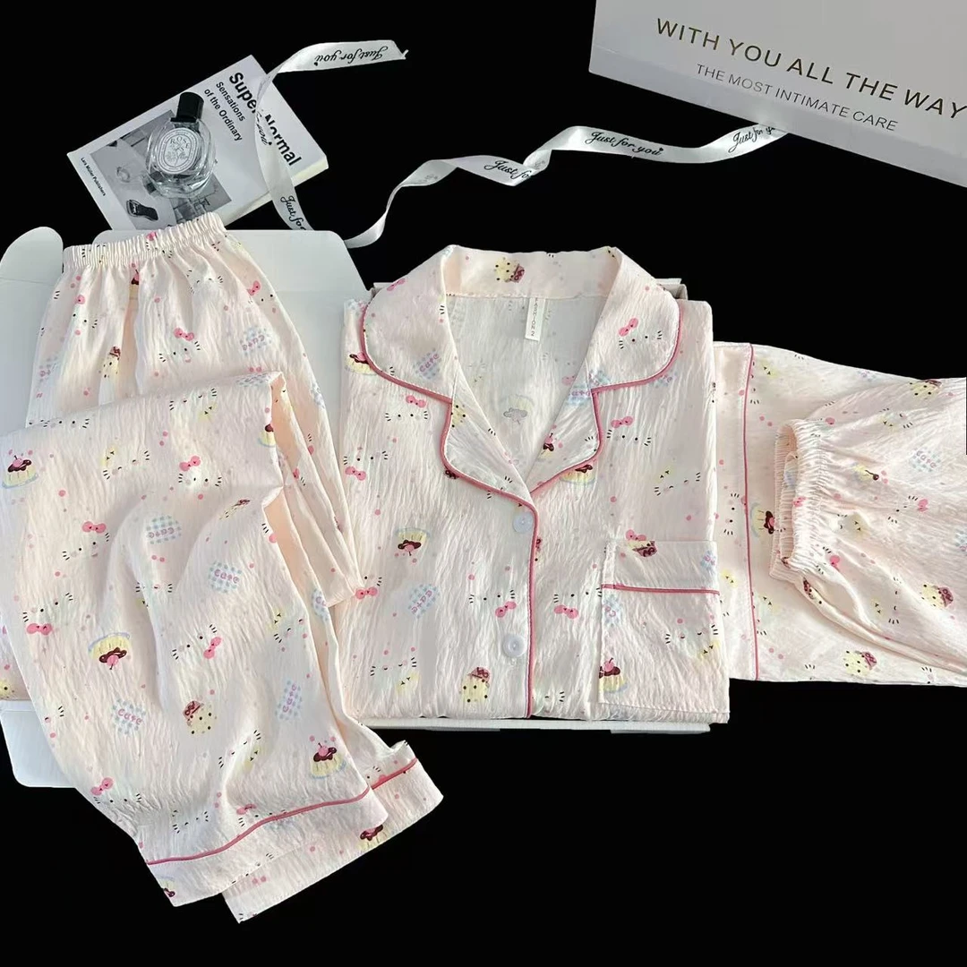 夏季新款睡衣女款云朵棉三件套超柔透气卡通甜美翻领开衫家居服