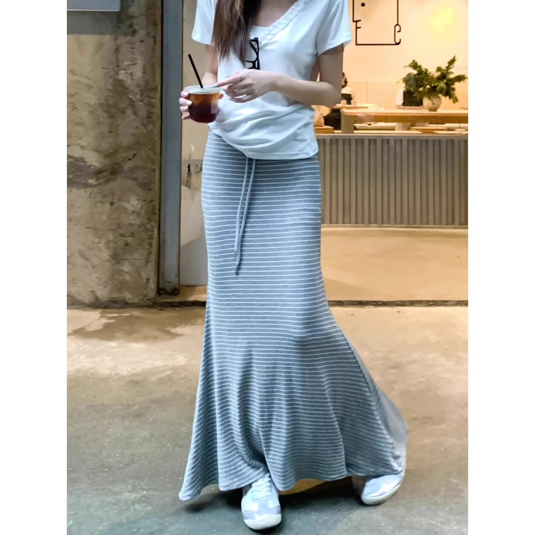 孕妇装半身裙条纹垂感包臀高腰夏季新款抽绳显瘦鱼尾气质长裙夏装