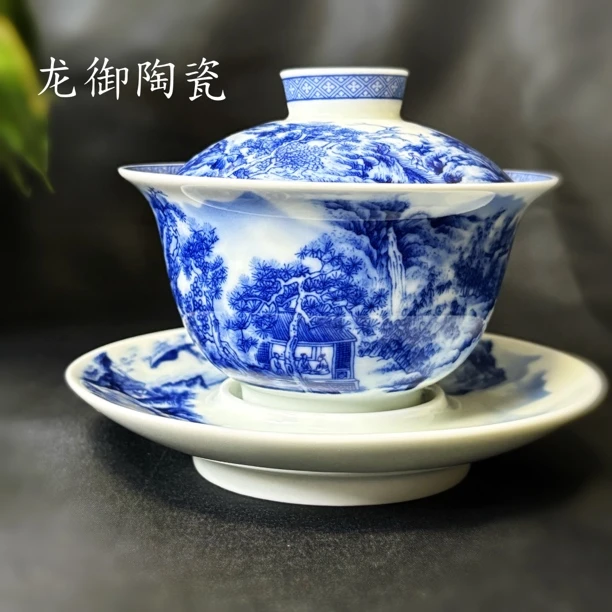 景德镇炎匠堂青花山水三才元宝盖碗可悬停家用泡茶高端杯子