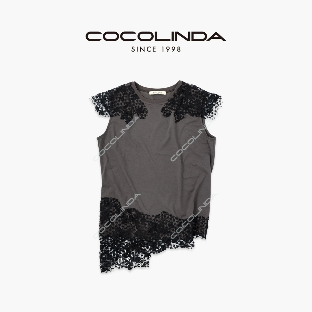 COCOLINDA |奥风 160g棉质蕾丝拼接灰色短袖T3686