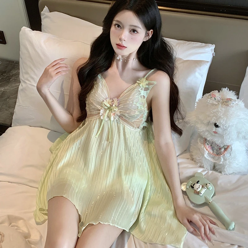 夏季冰丝性感露背蕾丝纯欲风睡衣家居服带胸垫吊带睡裙女蝴蝶