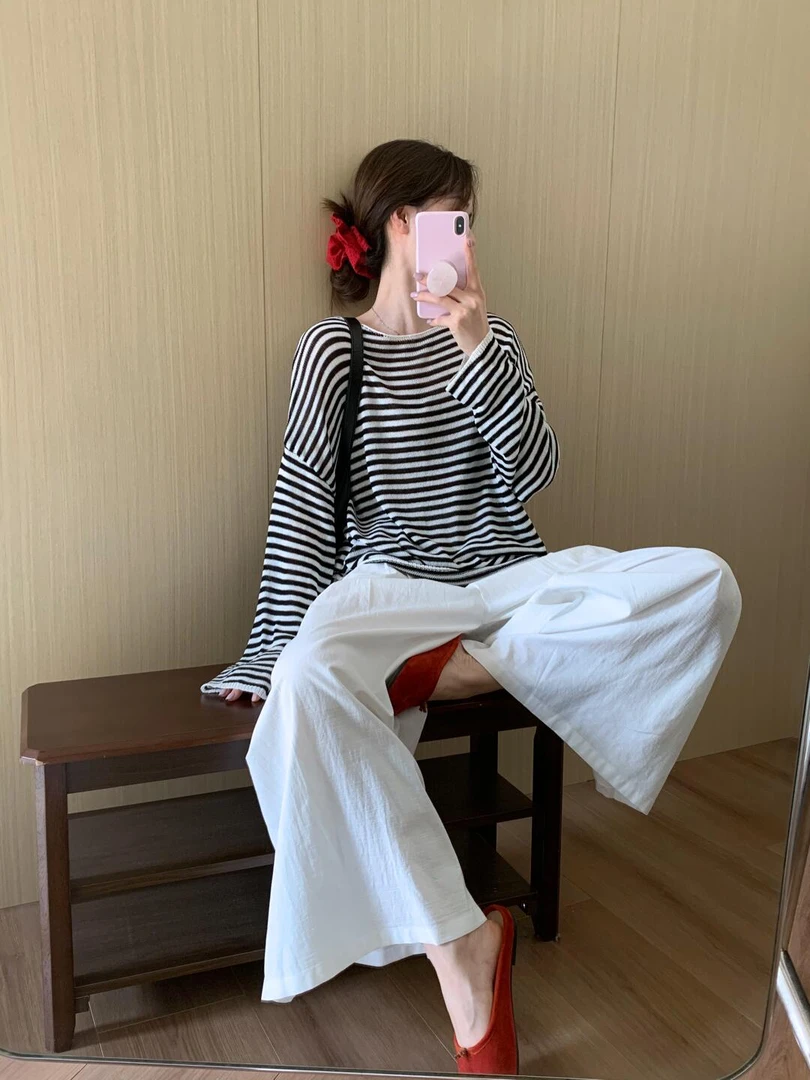 【条纹假日】夏季新款黑白条纹上衣女气质慵懒风白色休闲长裤女套装