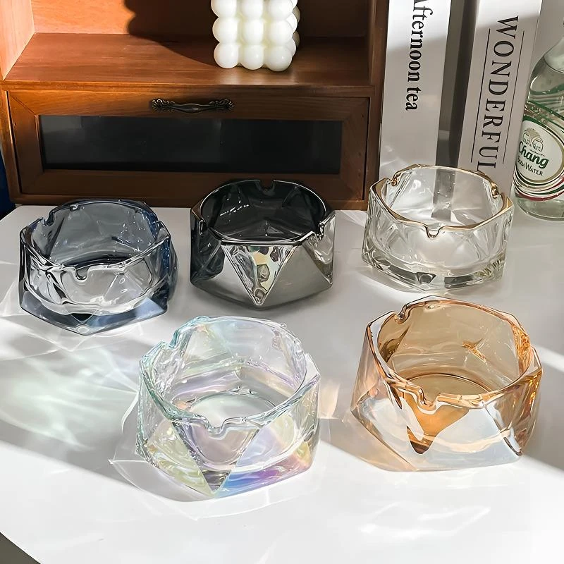 透明玻璃烟灰缸大号琥珀色烟缸时尚办公室电脑桌面蓝色6角烟盅