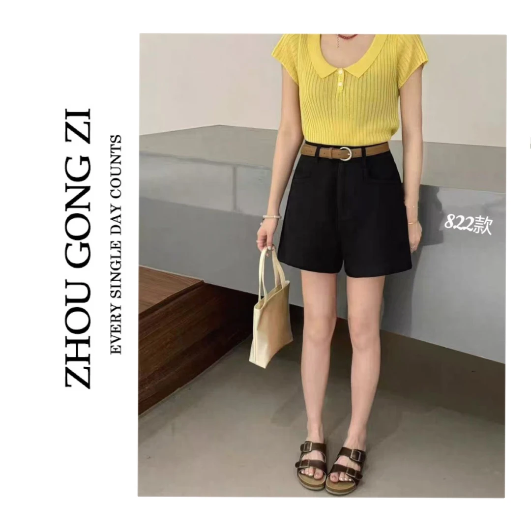 周公子优选2025夏上新！复古高腰简约阔腿短裤-822