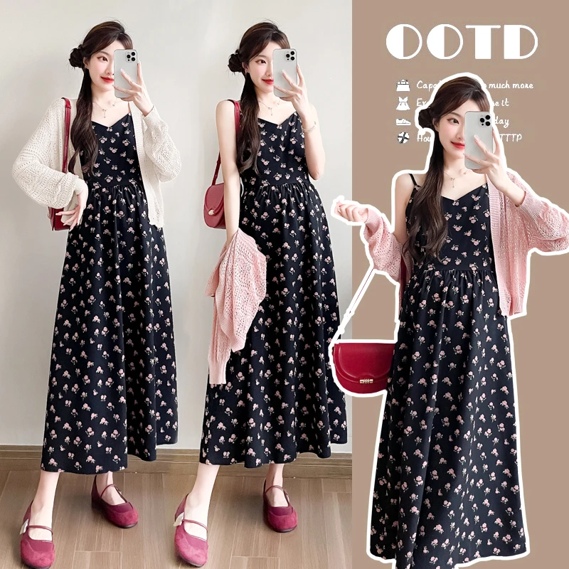 【因为爱】孕妇装女2025新款爆款洋气春季显瘦碎花吊带裙针织开衫