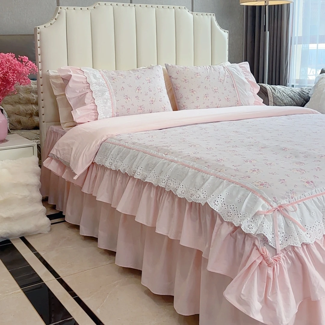 法式韩版田园碎花全棉四件套公主风纯棉花边被套床裙床单小清新