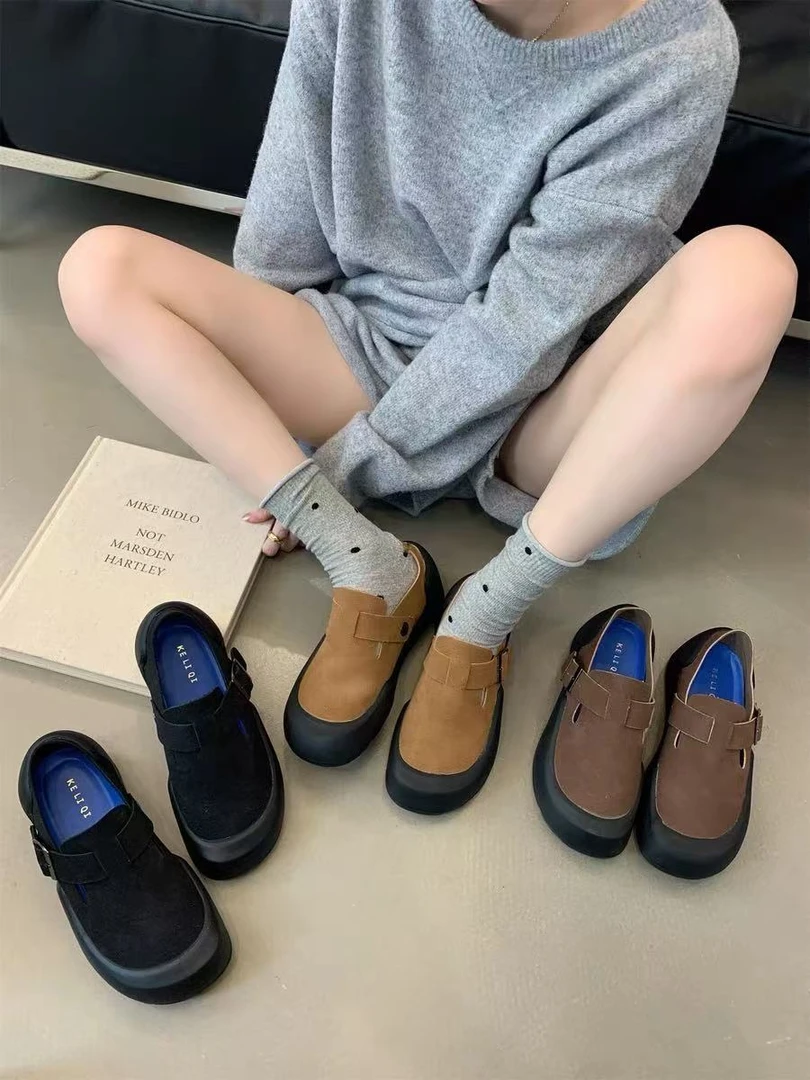 【 雨•美 推荐 】6003-10百搭拼接带扣平底鞋