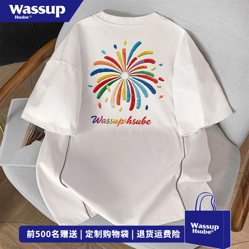 WASSUP HSUBE夏季潮牌仿刺绣烟花T恤男女美式新款纯棉短袖上衣服
