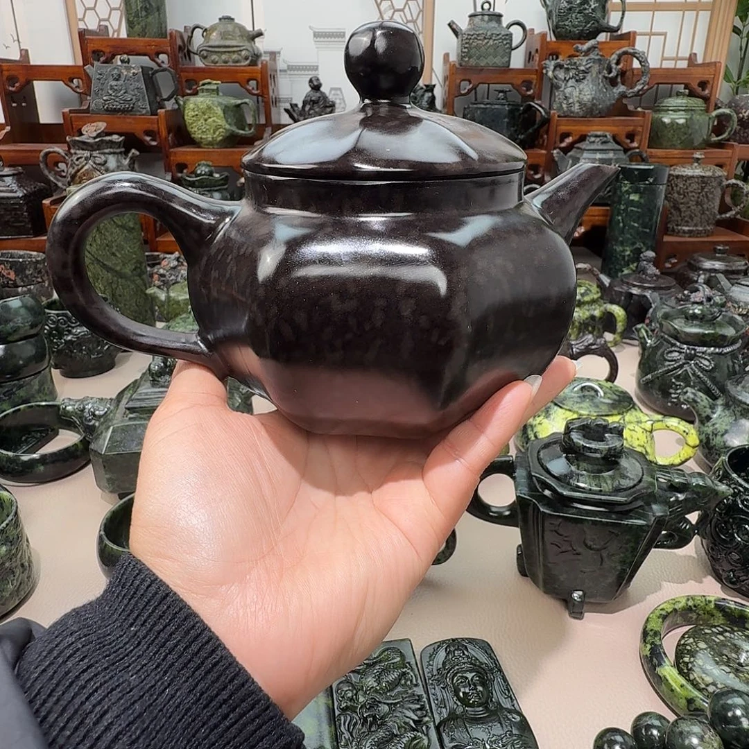 天***哥蛇纹石玉未镶嵌藏玉药王石茶壶摆件