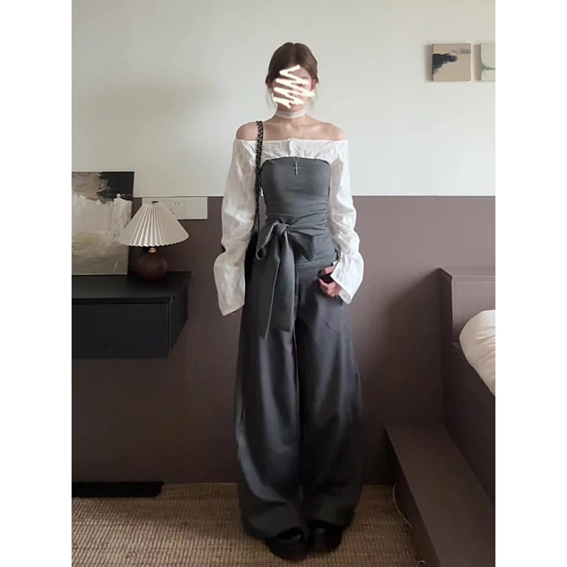 2025春季新款女高级感气质一字肩拼接设计感上衣高腰显瘦阔腿长裤