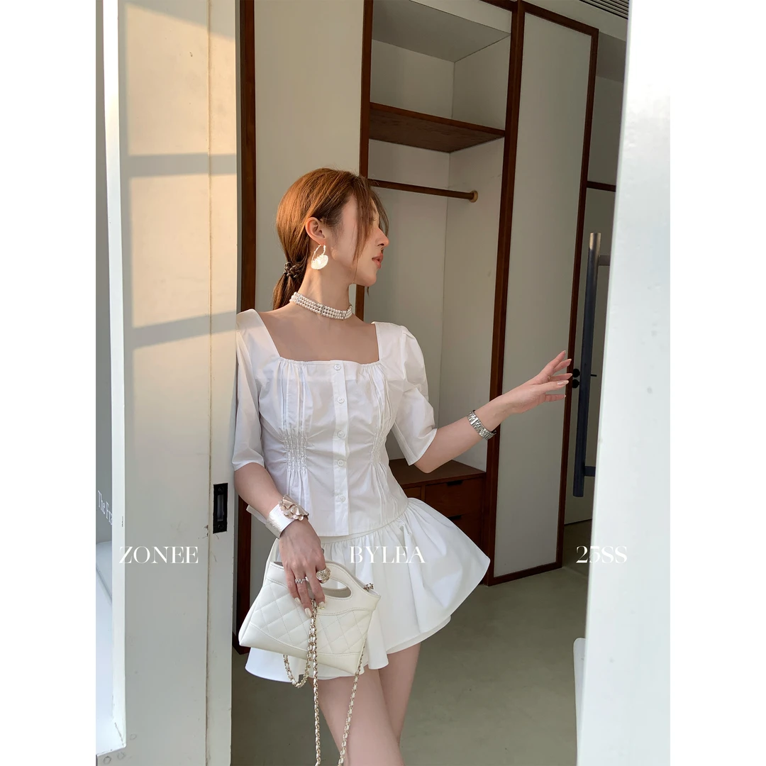 ZONEE 少女时装 法式设计感时髦休闲方领100棉白色衬衫上衣