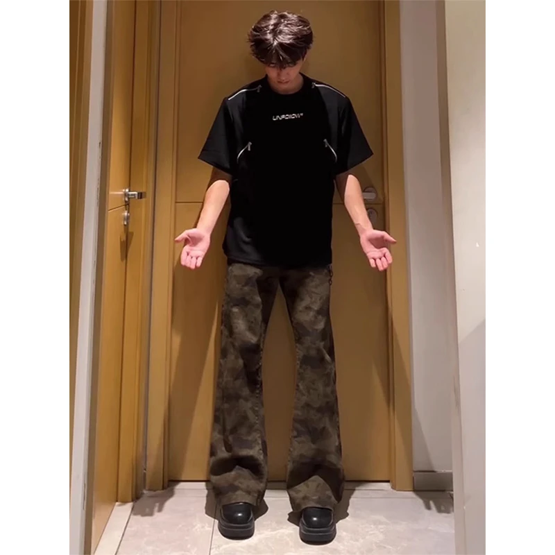 美式vintage迷彩牛仔裤男款秋冬加绒显瘦vibe裤子cleanfit直筒裤