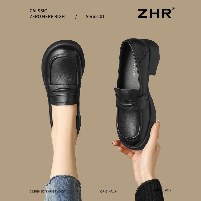 ZHR/则则头层牛皮软底妈妈鞋黑色百搭春季小皮鞋一脚蹬单鞋乐福鞋