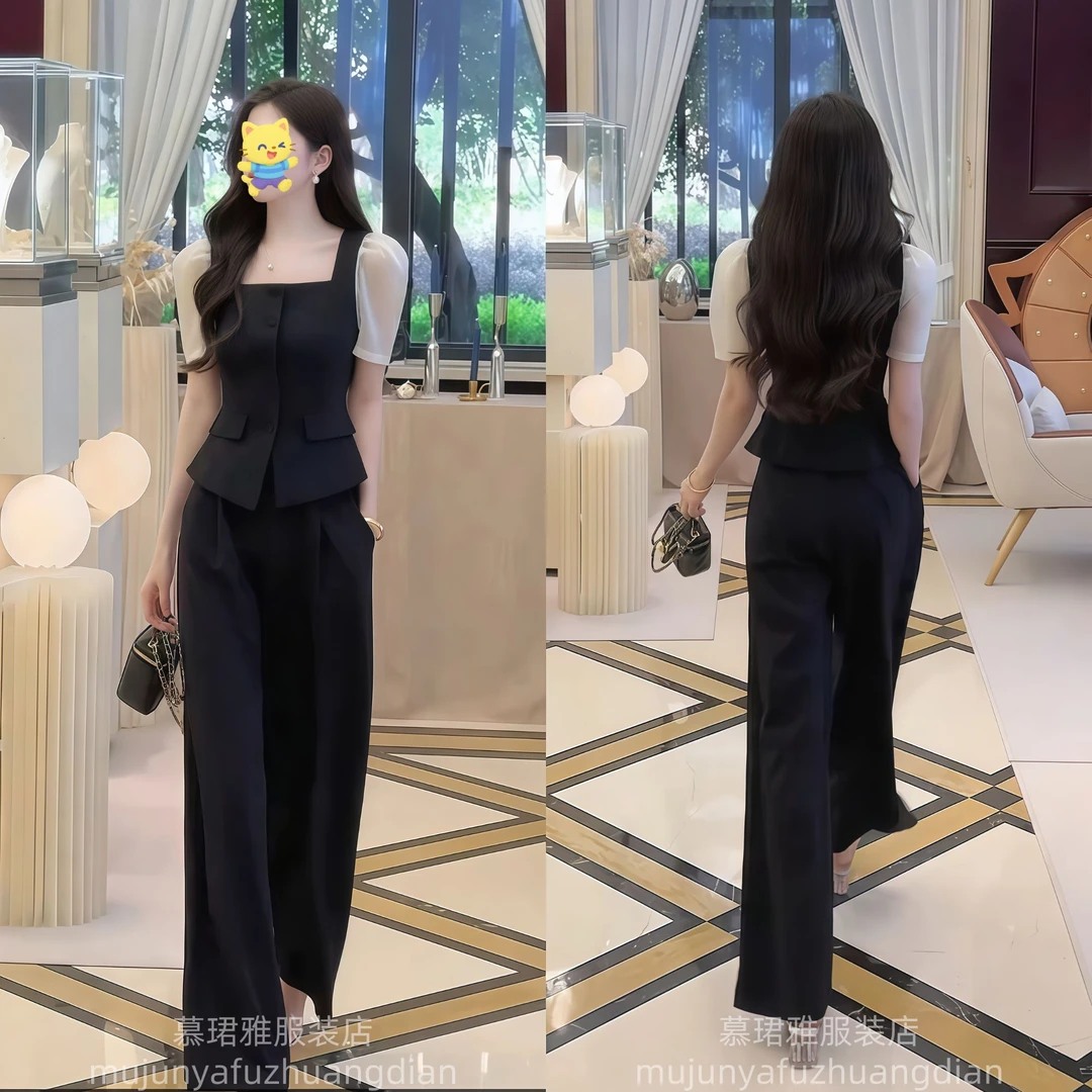 高级感赫本风时尚套装女夏季新款小个子气质收腰显瘦阔腿裤两件套