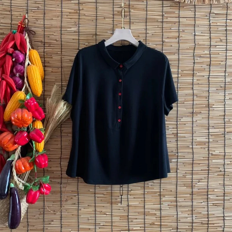 黑色吸汗宽松夏装POLO领纯色大码短袖女常规T恤中式红扣子衬衫