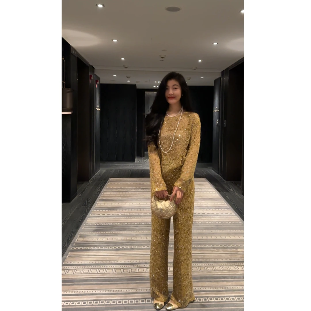 N.COU妮蔻25秋新款设计高级感洋气闪闪亮片针织衫休闲套装DY22970