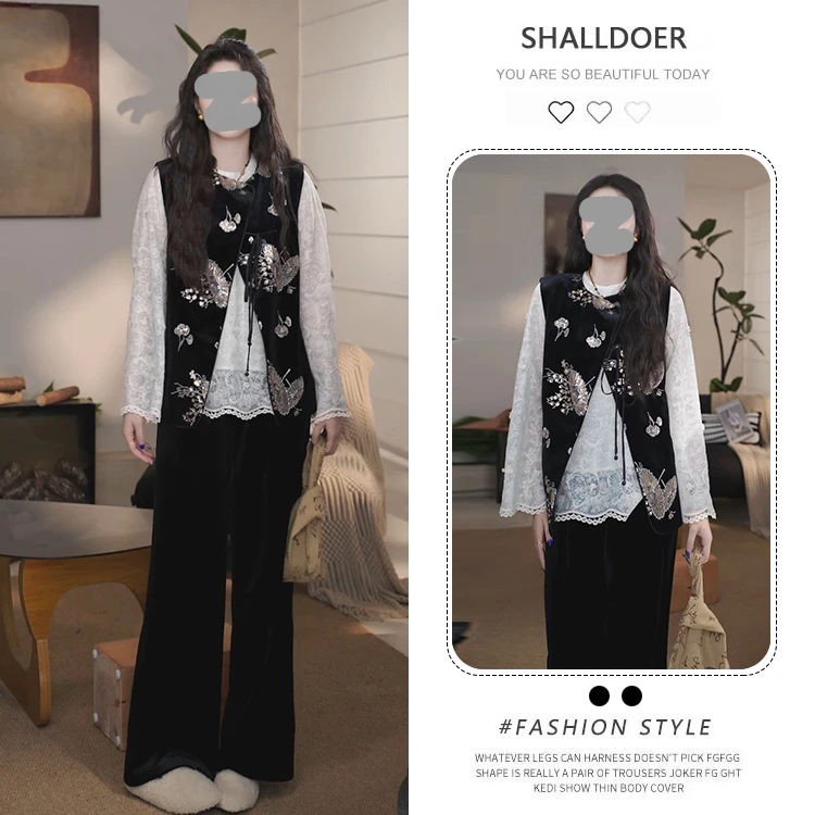 国风时尚套装女暗扣黑色马甲米白色上衣百搭黑色休闲裤时尚套装