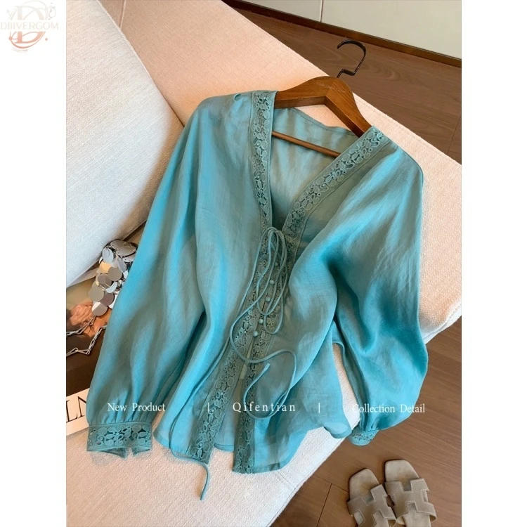 蓝色蕾丝边V领系带苎麻长袖衬衫女秋季新款高级感百搭薄款防晒衣