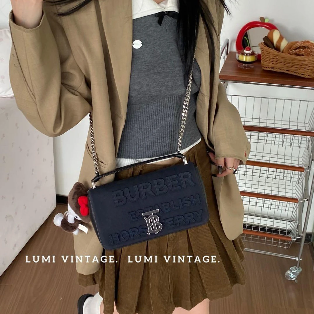 95新 BURBERRY/博柏利 蓝色丹宁中号lola单肩包 12313919