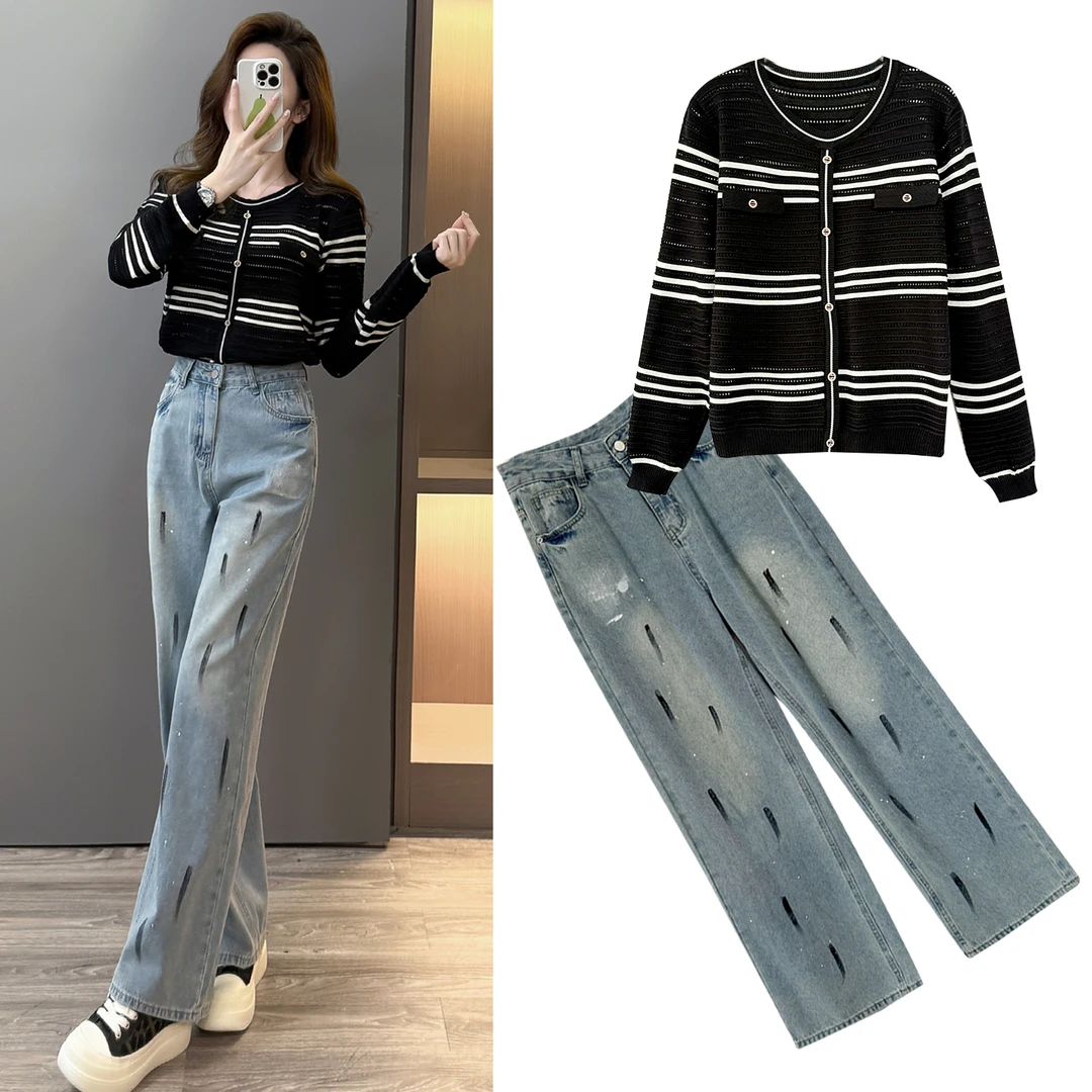 网红早秋轻熟条纹复古港风长袖针织衫女显瘦高腰牛仔阔腿裤两件套