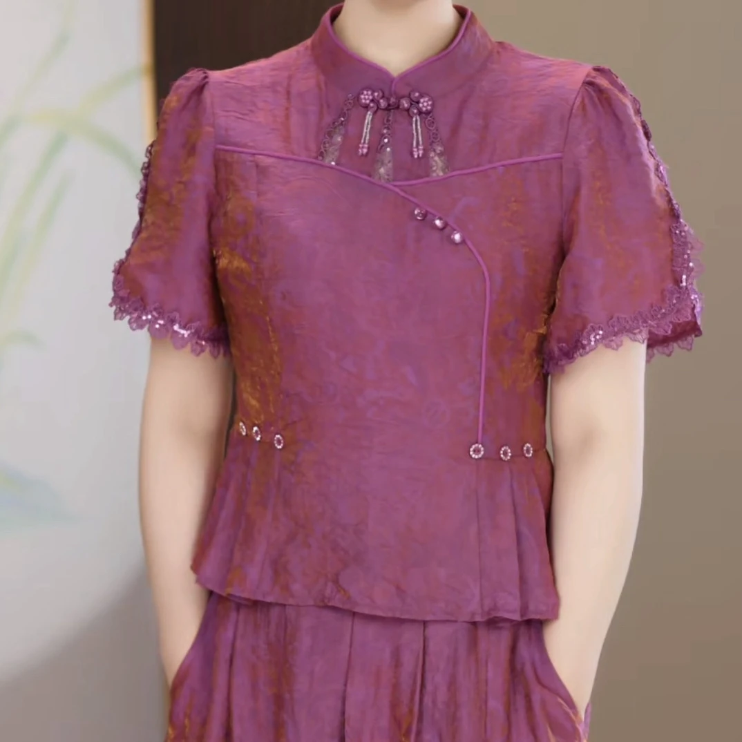 A0651新中式夏季显瘦修身旗袍领短袖上衣搭配半身裙时尚套装女