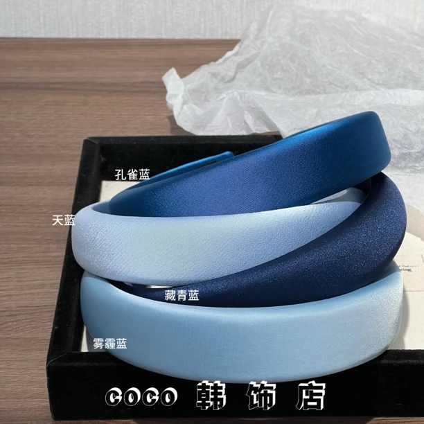 韩国极简高级感蓝色缎面高颅顶宽发箍春夏厚海绵头箍压发卡头饰女