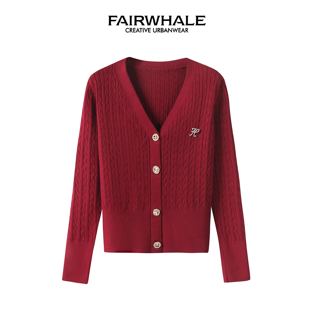 【马克华菲女装】春季休闲减龄坑条针织衫学院风新年款新年开衫 CC