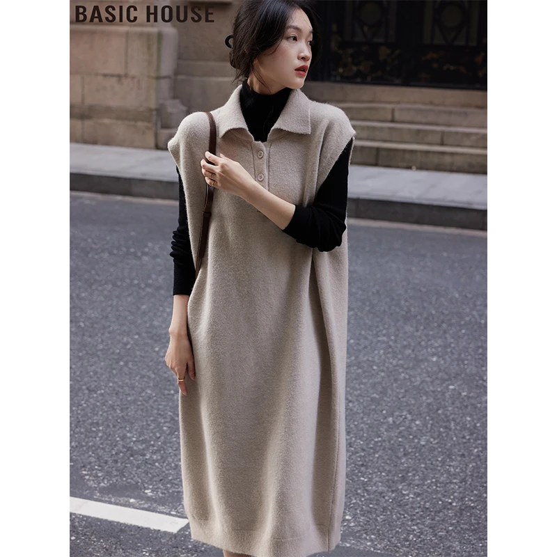 Basic House/百家好慵懒中长款翻领无袖针织叠穿背心连衣裙女秋冬