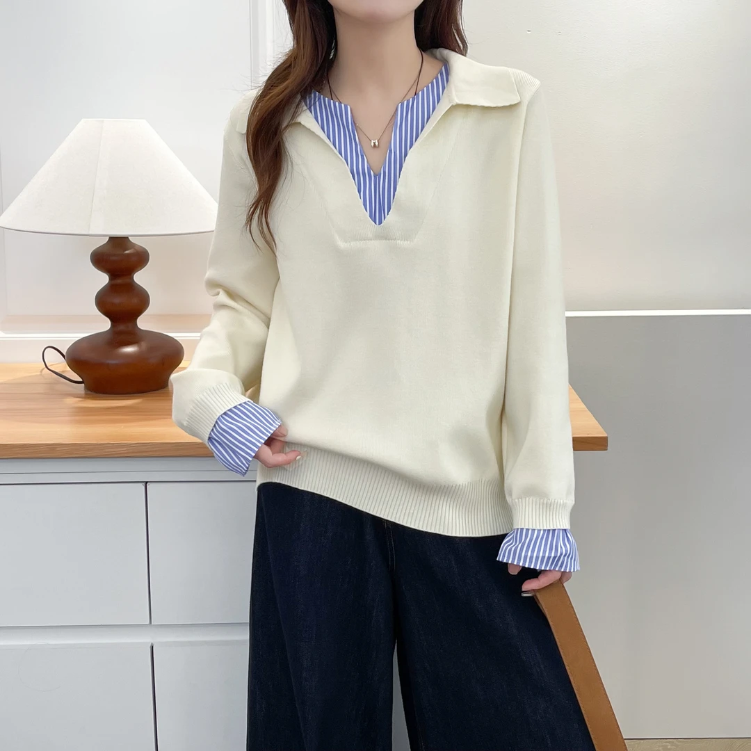 大码秋V领打底套头毛针织衫胖mm撞色宽松短款条纹拼接长袖5141