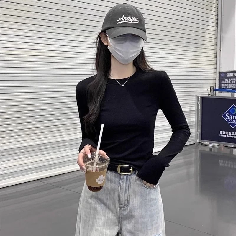 打底衫女秋冬内搭新款欧货洋气修身显瘦漫画腰圆领长袖T恤女上衣