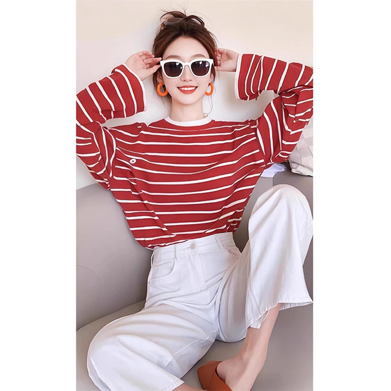 条纹法式圆领红色内搭打底衫上衣2025年春季新款春夏防晒t恤女装