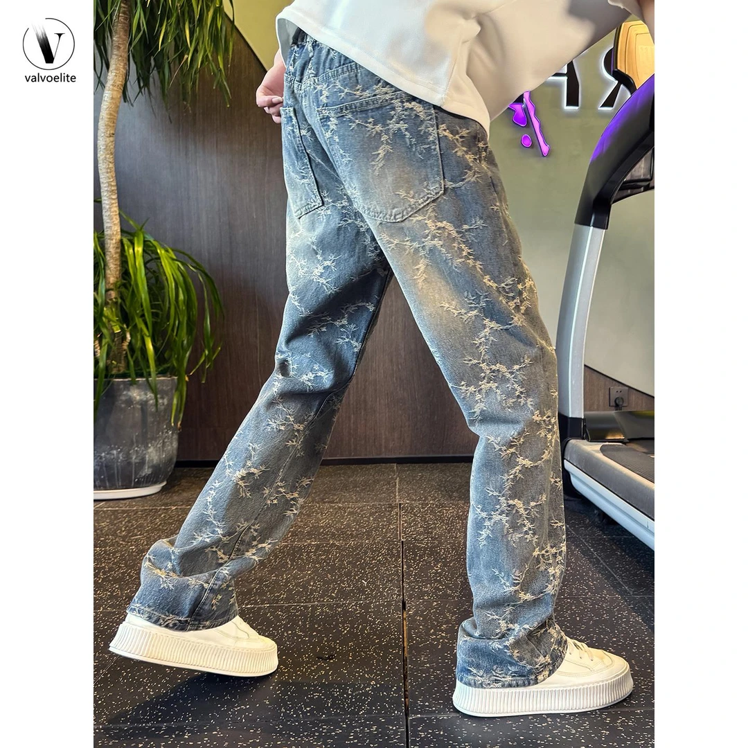 VALVOELITE高级感满印牛仔裤男潮流直筒裤痞帅新款裤子潮牌休闲裤