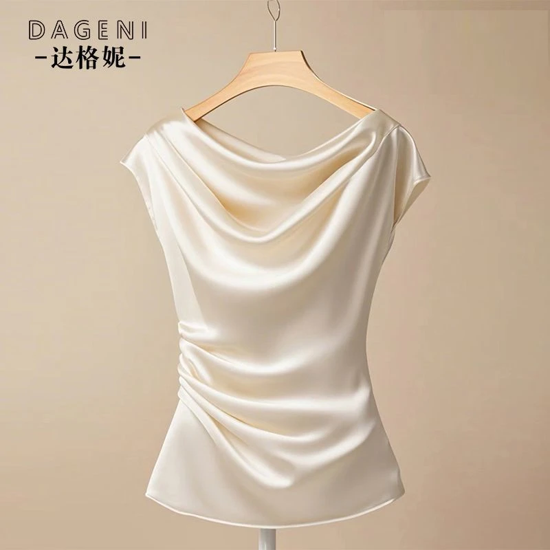 法式荡领一字肩缎面上衣女士夏季新款短袖衬衫高级感收腰显瘦小衫
