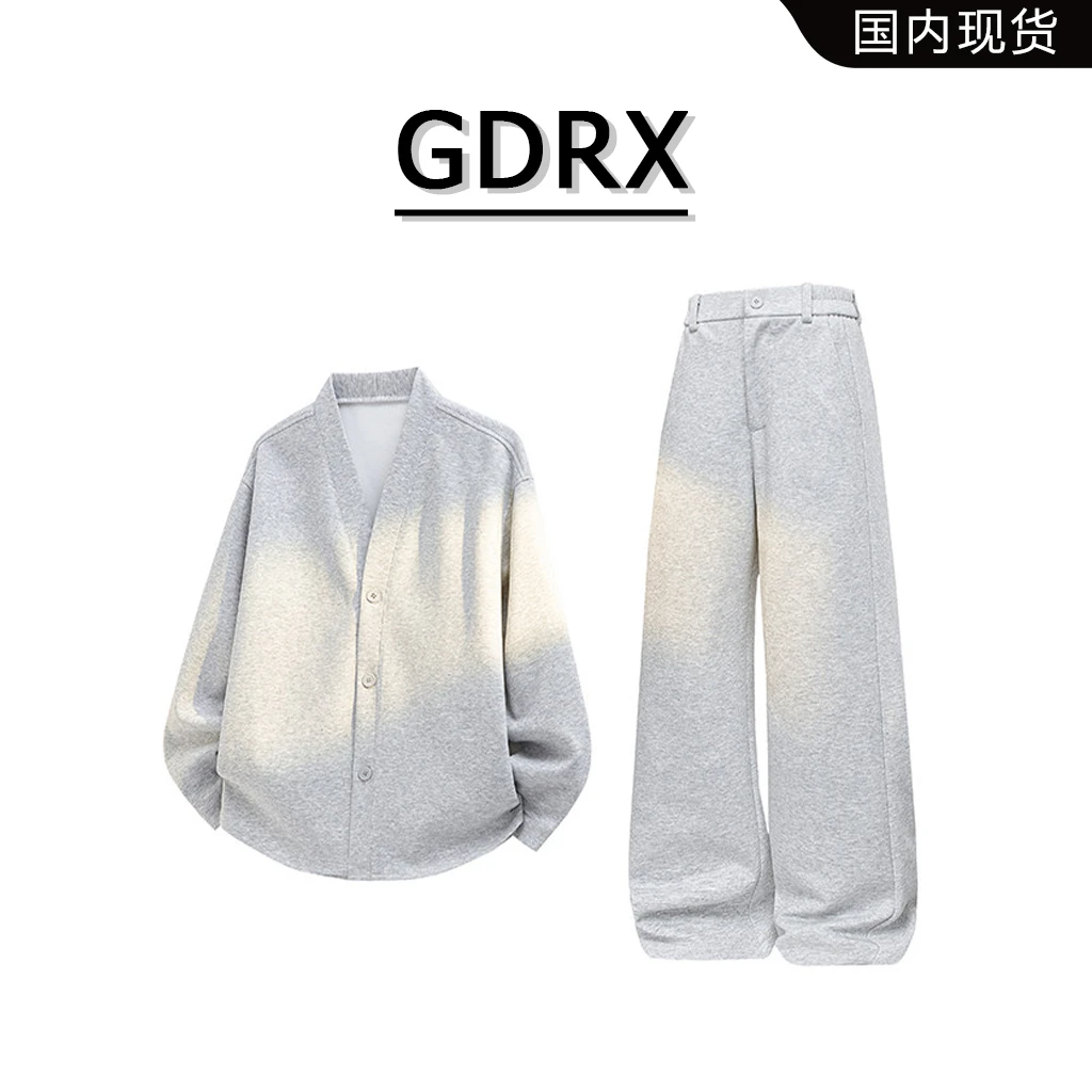 GDRX美式假两件长袖T恤套装2026春季新款男宽松休闲裤大码两件套