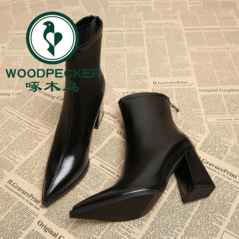 啄木鸟短靴2025秋冬新款马丁靴小个子尖头踝靴瘦瘦女靴子高跟女鞋