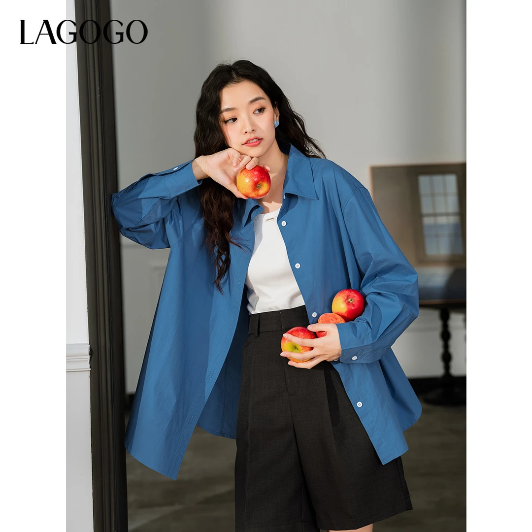 LAGOGO克莱因蓝显白设计感衬衫女拉谷谷2025年春季上衣OACC431G16