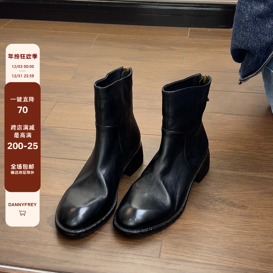 Dannyfrey秋冬新款英伦风手工牛皮百搭显瘦后拉链切尔西靴女3.5CM