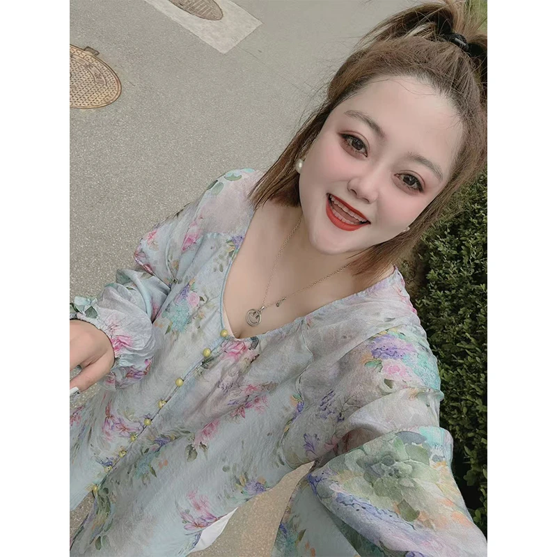 大码女装碎花T恤胖mm260斤加宽加大长袖薄款打底衫2025夏季新款