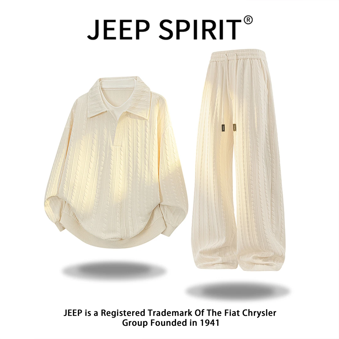 JEEPSPIRIT吉普休闲套装男士高级感翻领卫衣宽松潮流直筒裤两件套