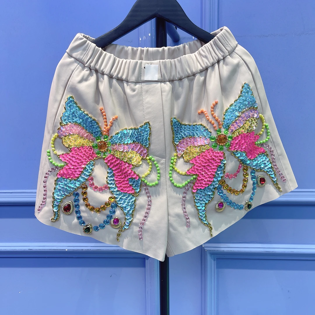 RR1521锐宝潮牌手工手绣亮片蝴蝶结时尚个性休闲松紧腰短裤