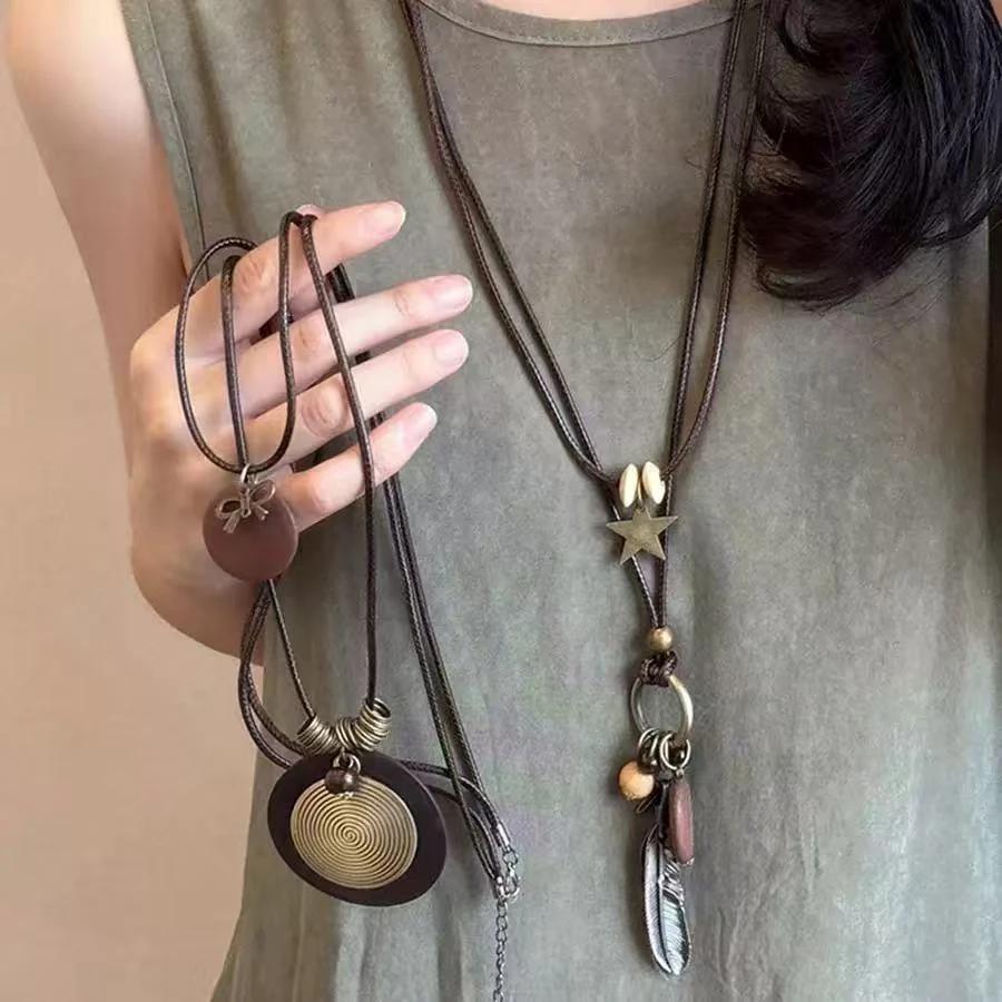 铜合金项链 新中式禅意长款羽毛项链女复古民族风叠戴毛衣链新款