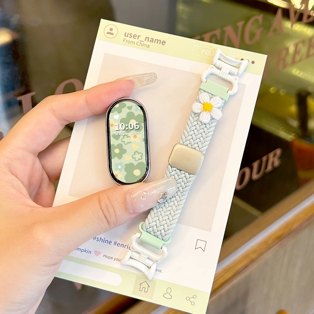 适用小米手环10表带9/8刺绣小花尼龙编织磁吸7/6/5/4/3NFC版腕带